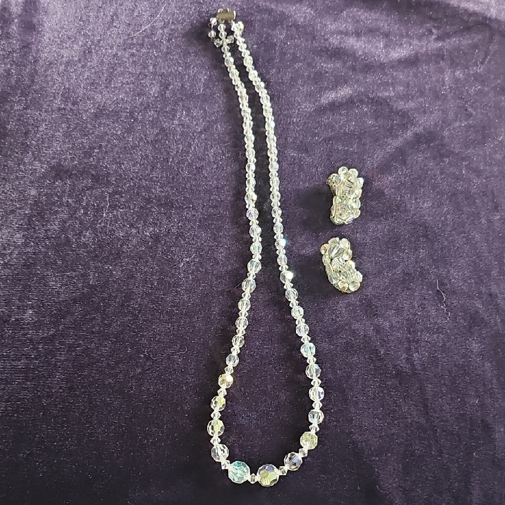 Vintage Crystal Necklace Aurora Bead Clip-On Earrings 50s Party Holiday Retro